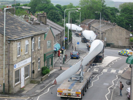 Turbine blade convoy passing through a town