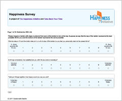 Online survey about happiness and well-being. The survey takes about ten minutes and consists of 18 pages of questions about health, feelings, time use, and more.